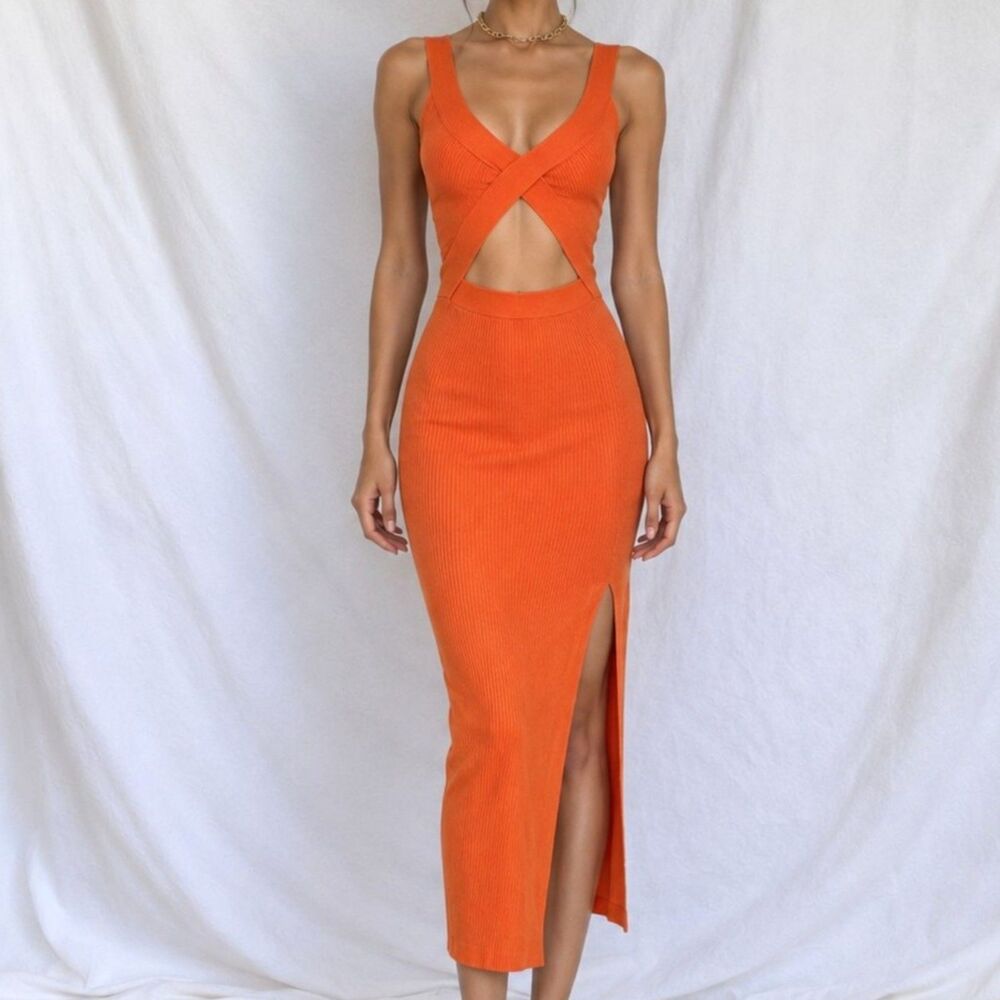 Zara Orange Ribbed Knit Cutout Midi Side Slit Sleeveless Bodycon Dress Size S/M